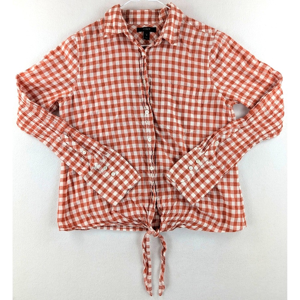 J.Crew Gingham Tie-Front Shirt Womens 6 Orange White Check Long Sleeve